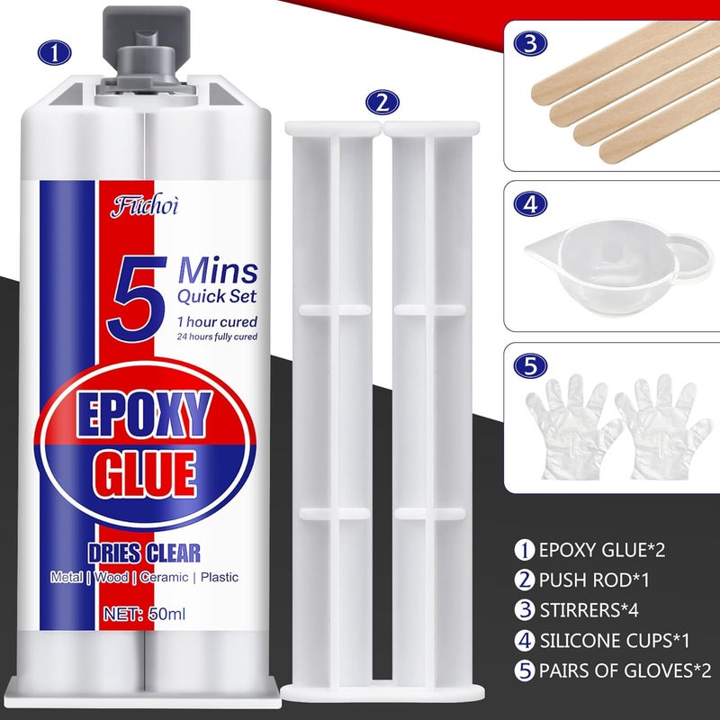 Fuchoi 5 Minute Epoxy Glue, 3.4oz Fast Curing Epoxy Resin Kit, Clear 2 Part Epoxy Adhesive for Metal, Plastic, Wood, Ceramic, Glass, Fiberglass and More - Waterproof, Universal, Strong Bond Repair Glue - Image 2